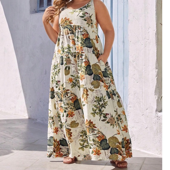 Plus Floral Tropical Print HIgh Waisted Flowy Cami Maxi Dress - Picture 4 of 7